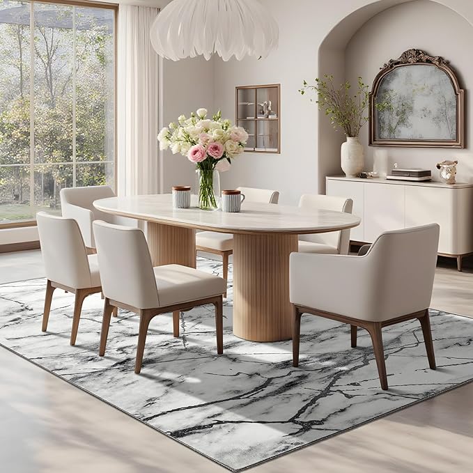 CRYPTOLITE Living Room Rug Washable Abstract Rugs with Non-Slip Backing Low Pile Area Rug for Living Room, Bedroom, Dining Room, 6x9, Silver&Grey