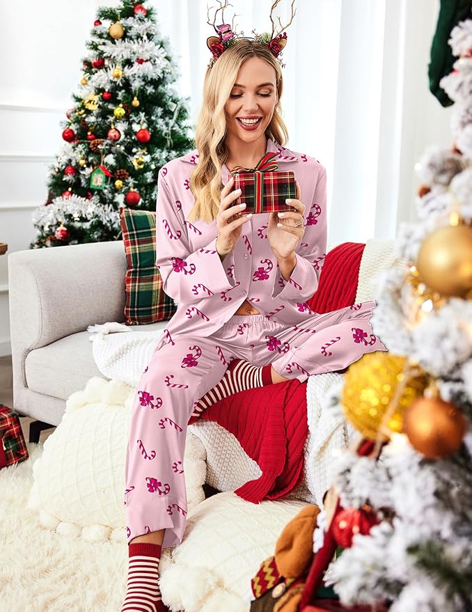 Ekouaer Women Satin Silk Pajamas Classic Long Sleeve Button Down Pjs Set Soft Loungewear