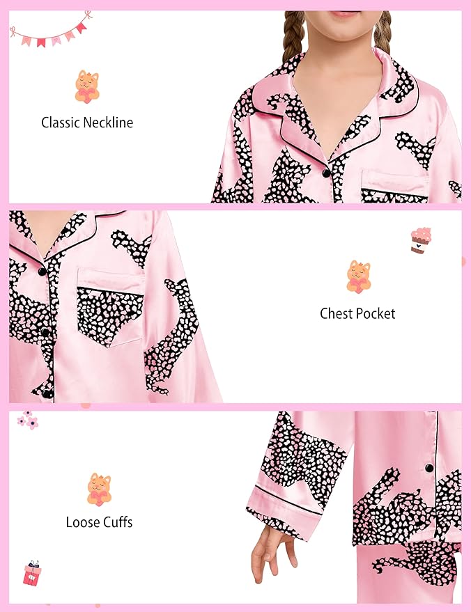EPLAZA Kids Satin Pajamas Sets Girls Boys Button-Down Silky Pajamas Sleepwear with Hairband Eye Mask Hair Tie