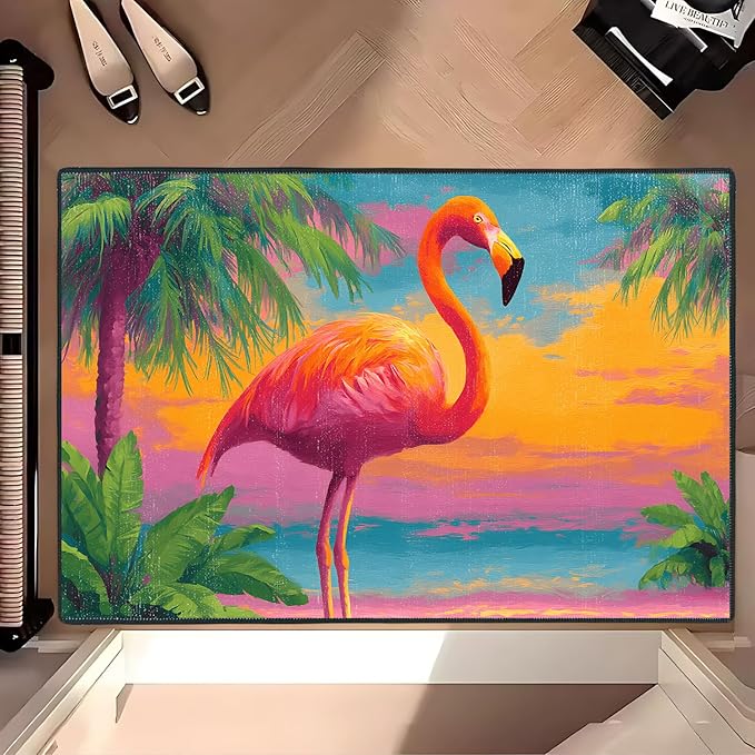 Flamingos Area Rug 2x3 ft Entry Rug Washable Boho Rugs Non Slip Low Pile Floral Door Mat Small Carpet for Bedroom, Bedside, Kids Room, Office, Dining Room