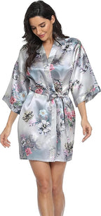 Women's Floral Satin Robes Bride Bridesmaid Getting Ready Robe Short Silky Kimono Sleepwear for Wedding Party