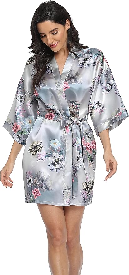Women's Floral Satin Robes Bride Bridesmaid Getting Ready Robe Short Silky Kimono Sleepwear for Wedding Party