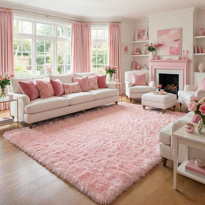 Amdrebio Pink Area Rugs 8x10 for Living Room, Large Fluffy Shag Rug for Bedroom, Kids Room Decor, Big Cute Furry Carpet for Teen Girls, Baby Nursery, Classroom, Soft Fuzzy Cozy Carpets for Playroom