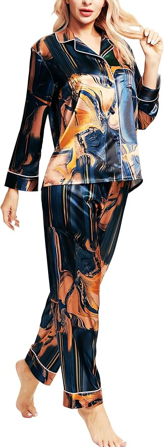 SIHA Satin Silk Pajamas for Women Pajama Set With Long Sleeve Button-Down Satin Pajamas Sleepwear XS-3XL