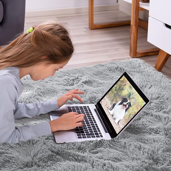 Softlife Area Rug for Bedroom, Fluffy Shag Plush Grey Rugs for Living Room Girls, Shaggy Throw Soft Fuzzy Small Kids Carpet for Dorm Bedside Ultra Cozy Non-Slip Indoor Decor, 4x5.3 Feet