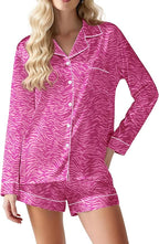 Ekouaer Satin Pajama Set for Women Button Down Pj Set Long Sleeve Top and Shorts 2 Piece Loungewear Summer Soft Sleepwear