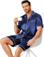 Ekouaer Mens Pajamas Set Silk Satin Sleepwear Short Sleeve Button Down Pjs Set 2 Piece Loungewear with Pockets S-XXL