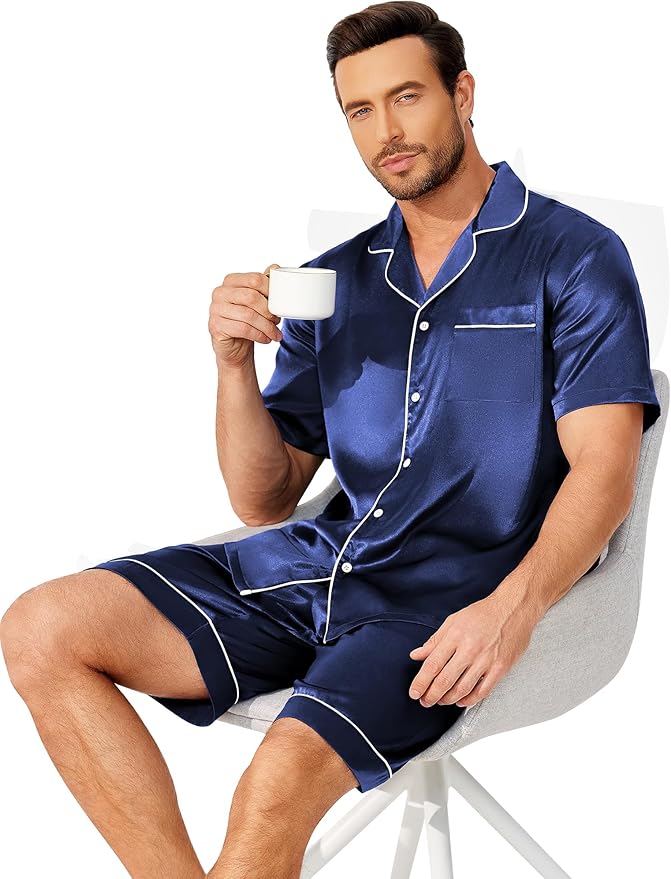 Ekouaer Mens Pajamas Set Silk Satin Sleepwear Short Sleeve Button Down Pjs Set 2 Piece Loungewear with Pockets S-XXL