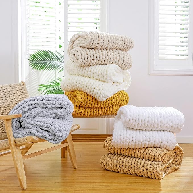YAAPSU Chunky Knit Throw Blanket for Couch, 51“x63”, 100% Hand Knitted Thick Cable Knit with Cozy Jumbo Chenille Yarn, Soft Large Rope Knot Crochet Blankets for Sofa Bed Living Room Décor, Ocean Blue