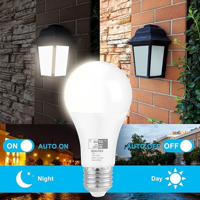 Qualilux Dusk to Dawn LED Light Bulbs Outdoor, Automatic On/Off, 60W Equivalent, Daylight 5000K, Energy Efficient 9.5W, 850 Lumen, A19, E26 Base, 4-Pack, HQ-H012