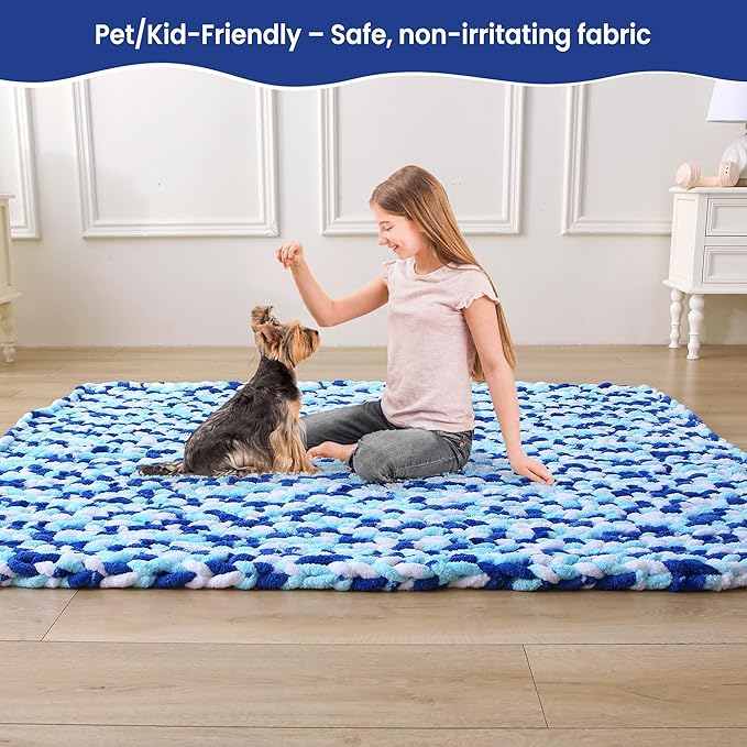 Mooreeke Chunky Knit Blanket 50"x60", Soft Chenille Throw Blanket Cozy 100% Handmade Crochet Gift Blankets with Jumbo Chenille Yarn for Couch Bed Sofa Room Decor - Blue and White
