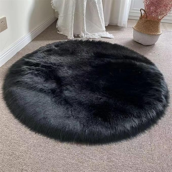 Lifup Soft Round Shaggy Rug, Faux Fur Area Rug, Fluffy Plush Carpets Circle Rugs for Living Room Fuzzy Rugs for Bedroom Under Dining Table Home Office Decor Black 2.3x2.3 Feet