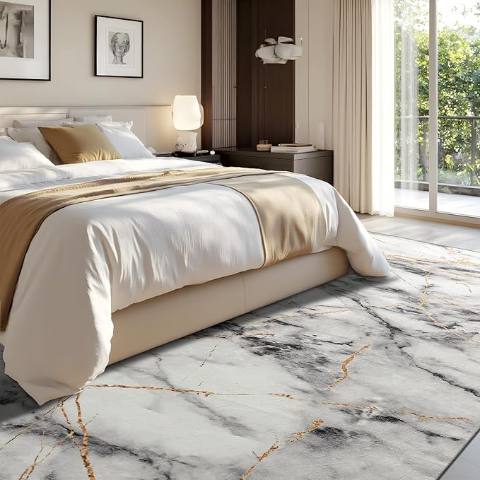 CRYPTOLITE Area Rugs 8x10 Rug for Living Room Abstract Washable Rug with Non-Slip Backing Low Pile Area Rug for Bedroom, Dining Room, Gold&Grey