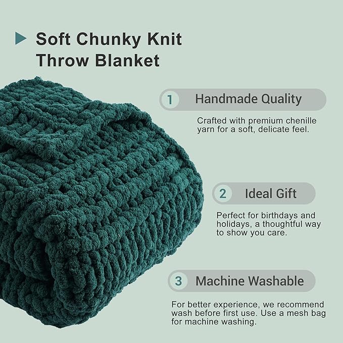 Battilo Christmas Green Throw Blanket for Couch, Chunky Knit Throw Blanket, Super Soft Warm Cozy Chenille Throw Blanket for Bed, Sofa, Living Room, Christmas Decor, 50"x60"