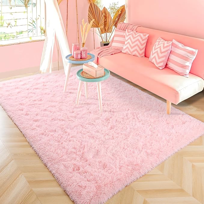 ISEAU Fluffy Rug Carpets Soft Shaggy Area Rugs, Indoor Floor Mats for Kids Room Fuzzy Carpet, Dorm, College, Apartment Mat Bedside Rug for Boys Girls Bedroom Living Room Home Decor, 3ft x 5ft, Pink