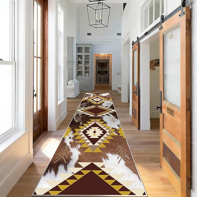 Western Rugs for Living Room,2x7ft,Moroccan Geometric Runner Rug,Cow Print Decor Faux Cowhide Rug,Machine Washable Western Decor Hallway Runner Rugs,Floor Mat for Kitchen, Bedroom Entrance,
