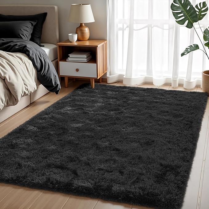 Blivonta Area Rugs for Bedroom Living Room, 4x6 Soft Large Fluffy Fuzzy Shag Plush Furry Carpet, Soft Indoor Floor Mat for Kids Nursery Home Dorm Office Decor Aesthetic, Black