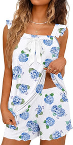 Ekouaer Women's Pajamas Sets 2 Piece Bow Bridal Pajama Cute Tank Top and Shorts Pjs Soft Ruffle Sleepwear XS-2XL