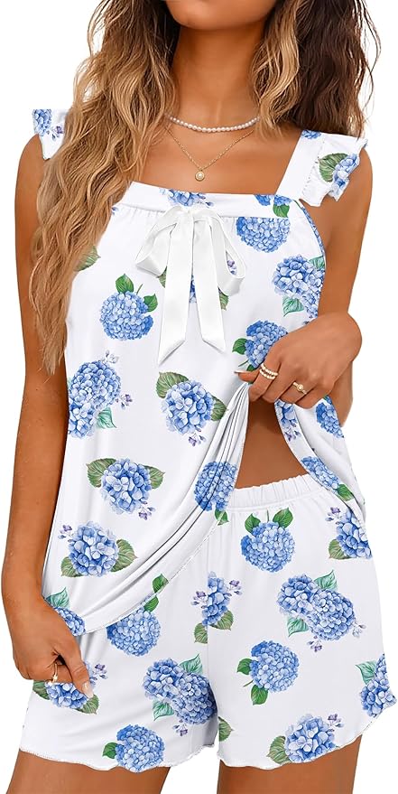 Ekouaer Women's Pajamas Sets 2 Piece Bow Bridal Pajama Cute Tank Top and Shorts Pjs Soft Ruffle Sleepwear XS-2XL