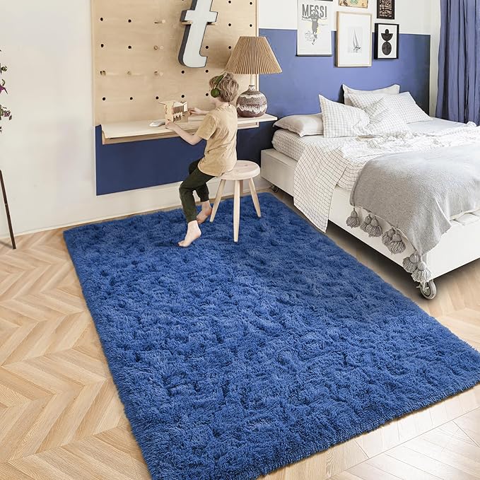 ISEAU Fluffy Rug Carpets Soft Shaggy Area Rugs Indoor Floor Mats for Kids Room Fuzzy Carpet Comfy Cute Nursery Mat Bedside Rug for Boys Girls Bedroom Living Room Home Decor Mat, 3ft x 5ft, Light Navy