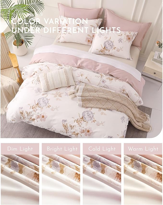 ALEISSEL Vintage Natural Cotton Comforter Queen Size 3Pcs - Brown & Lilac Gray Branches and Soft Blush Flowers on Off-White, Lightweight Reversible Floral Bedding Sets(Full/Queen,90"×90")