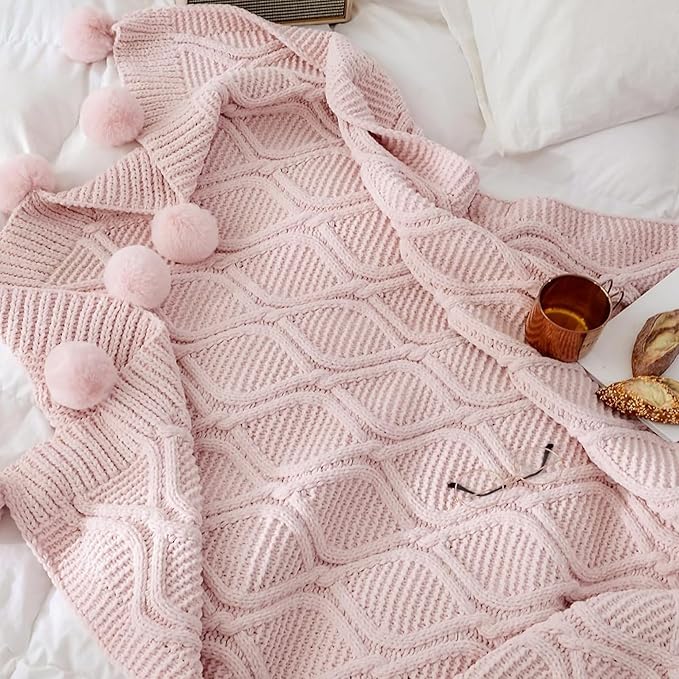 ATMOSURELY Ultra Soft Chenille Cable Knit Throw Blanket with Handmade Pom Poms Cozy Fluffy Knitted Blanket Lightweight Warm Woven Farmhouse Blanket for Bed Sofa Couch 50x60 Inches (Geometry Pink)