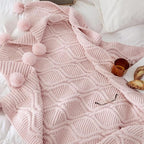 ATMOSURELY Ultra Soft Chenille Cable Knit Throw Blanket with Handmade Pom Poms Cozy Fluffy Knitted Blanket Lightweight Warm Woven Farmhouse Blanket for Bed Sofa Couch 50x60 Inches (Geometry Pink)