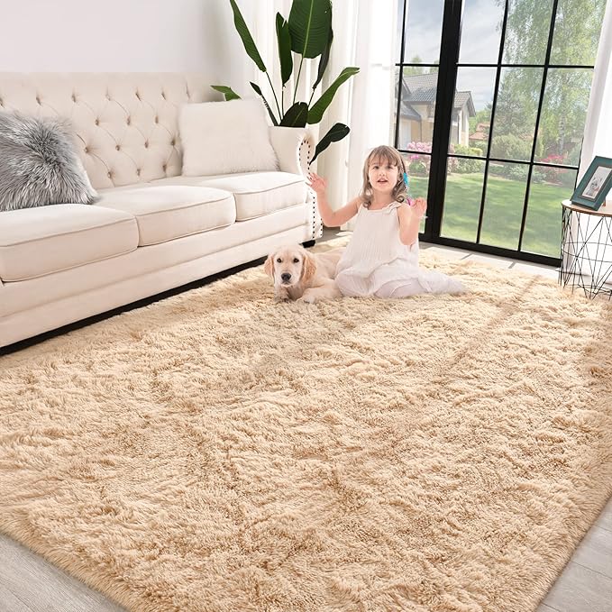 Jelymark Super Soft Shaggy Rug for Bedroom, 4x5.9 Fluffy Carpet for Living Room, Fuzzy Indoor Plush Area Rug for Home Decor, Furry Floor Rugs for Dorm, Cute Kids Nursery Rug for Girls, Beige