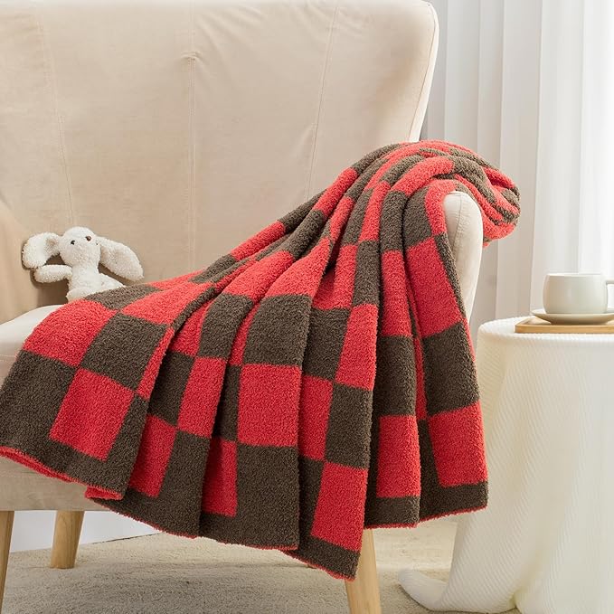 Carriediosa Checkered Throw Blanket 50" X 60", 400GSM Ultra Soft Microfiber Fuzzy Fluffy Reversible Cute Preppy Knitted Blankets Cozy Plush Fall Throws for Couch, Bed, Sofa, Red and Brown