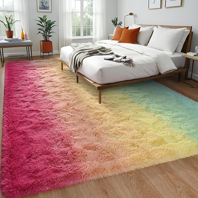 Pink-Cyan Area Rug 6x9 Large Rugs for Living Room Bedroom, Fluffy Cute Rug Modern Carpets for Kids Room, Non-Skid Rectangular Indoor Gradient Rug for Girls Boys Nursery Room Home Decor