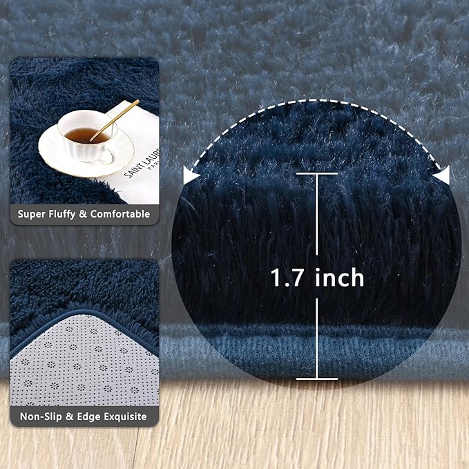 Navy Blue Runner Area Rugs for Bedroom Living Room, 2x6 Feet Fluffy Bedside Rugs, Soft Shaggy Carpet Rug for Kids Room Nursery, Furry Cute Rugs for Girls Boys Dorm Room Home Decor