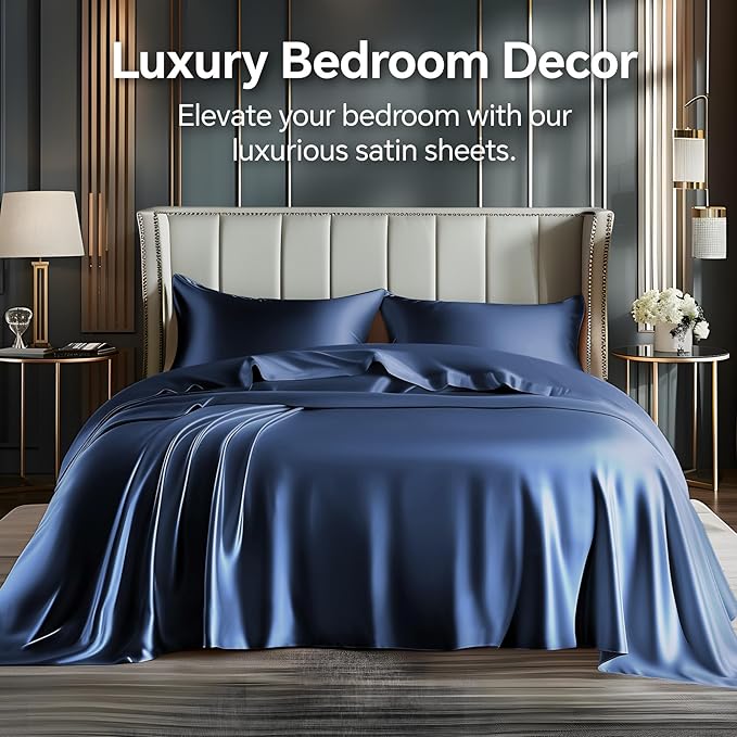 BEDELITE Satin Sheets Twin Size Bed Set, Luxury Soft Navy Silky Sheets for Hair and Skin, Similar to Silk Bed Sheets Set 3 Pieces with 1 Deep Pocket Fitted Sheet, 1 Flat Sheet, and 1 Pillowcase