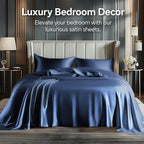 BEDELITE King Size Sheets Set, Luxury Soft Navy Satin Sheets for Hair and Skin, Similar to Silk Bed Sheets Set 4 Pieces with 1 Deep Pocket Fitted Sheet, 1 Flat Sheet, and 2 Pillowcases