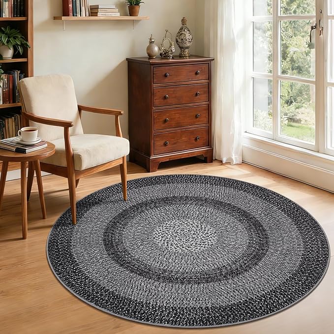 Modern Bordered Round Area Rug 4ft Washable Bedroom Circle Rugs Non Slip Stain Resistant Dining Room Round Throw Carpet Contemporary Circle Mats for Living Room Kitchen Nursery, Black