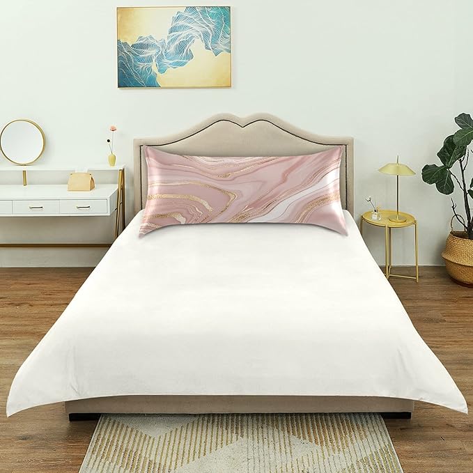 Rose Gold Satin Pillowcase for Hair and Skin, Rose Gold Marble Silk Pillow Case with Envelope Closure, King Size 20x40 inches, 1 PC