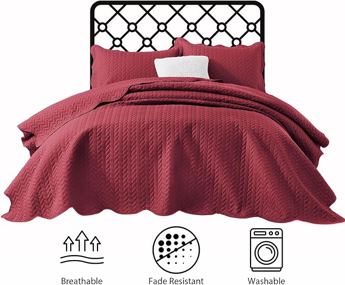 IR Imperial Rooms Queen Quilt Bedding Set (90" x 96") - Bulk Pack of 10 Wholesale for Hotels, Guest Bedroom & Airbnbs - Lightweight Microfiber Reversible Embossed Quilts Bedspreads (Burgundy)