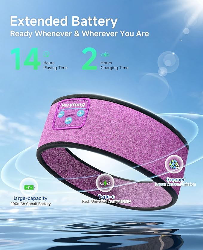 Perytong Sleep Headphones Bluetooth Headband Over On Ear Bluetooth 5.4 Sleeping Earbuds Earphones, Wireless Headphones for Side Sleepers Men Women Sports, Insomnia, Yoga, Air Travel, Meditation