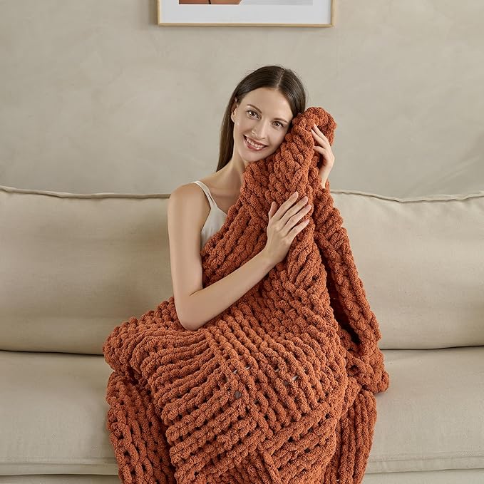 Soft Knitted Throw Blanket - 50x60 Inch Cozy & Lightweight All-Season Blanket, Wrinkle-Resistant Polyester for Couch, Bed, Sofa, Reading Nook (Orange)