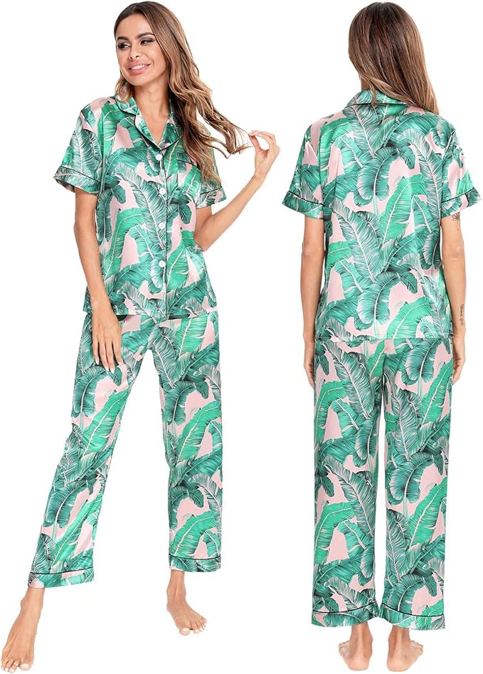 SWOMOG Women Satin Pajamas Set Short Sleeve Top & Pants Sleepwear Silky Button Down Nightwear 2pcs Loungewear Pjs Set