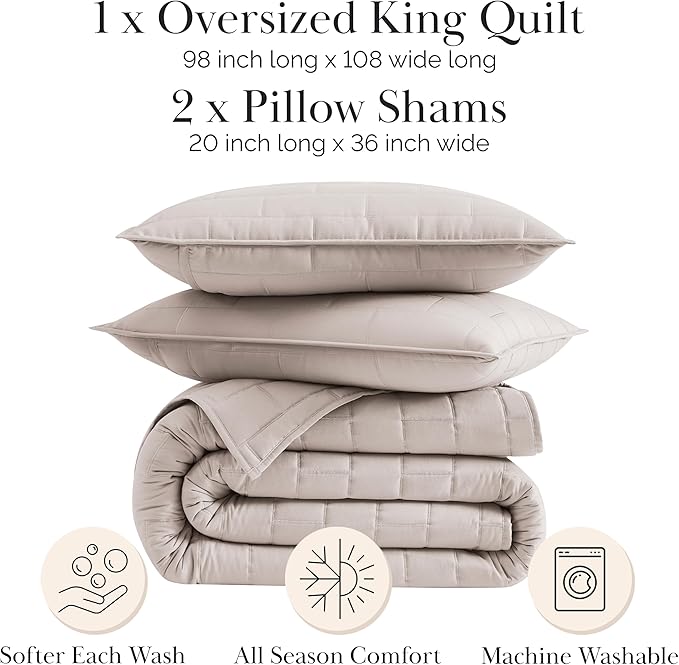 Southshore Fine Living, Inc. Extra Wide King Quilt, Lightweight Bedding Quilt Set, Soft Coverlet with Matching 2 Quilted Pillow Shams, Brick Pattern Stitching, California King Bed Spread, Bone