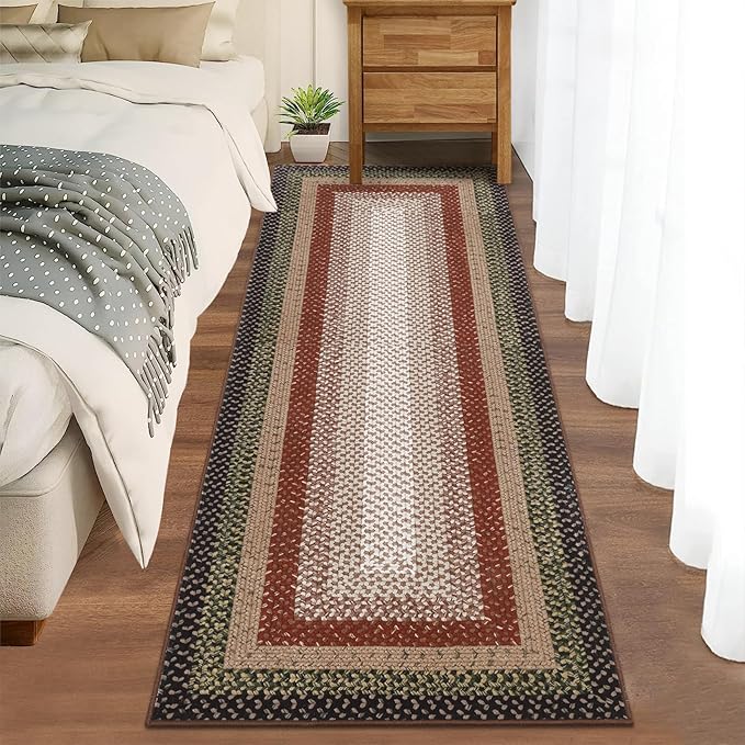 RUGSREAL 2x10 Long Hallway Runner Rug Braided Print Mat Kitchen Runner Rug with Rubber Backing Washable Farmhouse Runner Carpet Rustic Accent Area Rug for Living Room Bedroom Bathroom, Crimson/Earthy