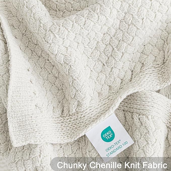 Whale Flotilla Chunky Knit Throw Blanket for Couch and Bed, Ivory Decorative Cozy Fleece Blanket, Reversible Soft Fuzzy Woven Throws, 50x60 Inch