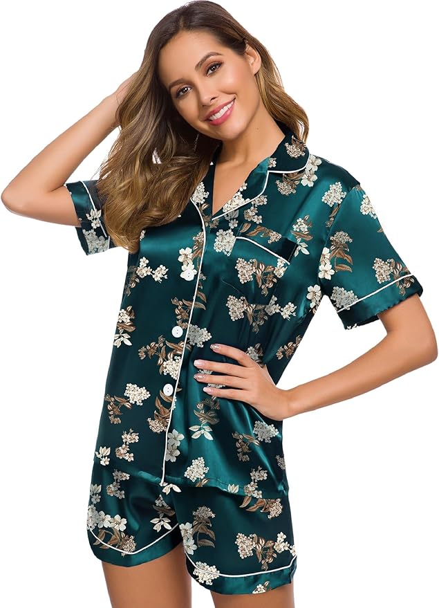 SWOMOG Womens Silk Satin Pajamas Set Short Sleeve Sleepwear Button Down Top and Shorts Loungewear 2 Piece Pjs Set XS-3XL