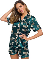 SWOMOG Womens Silk Satin Pajamas Set Short Sleeve Sleepwear Button Down Top and Shorts Loungewear 2 Piece Pjs Set XS-3XL