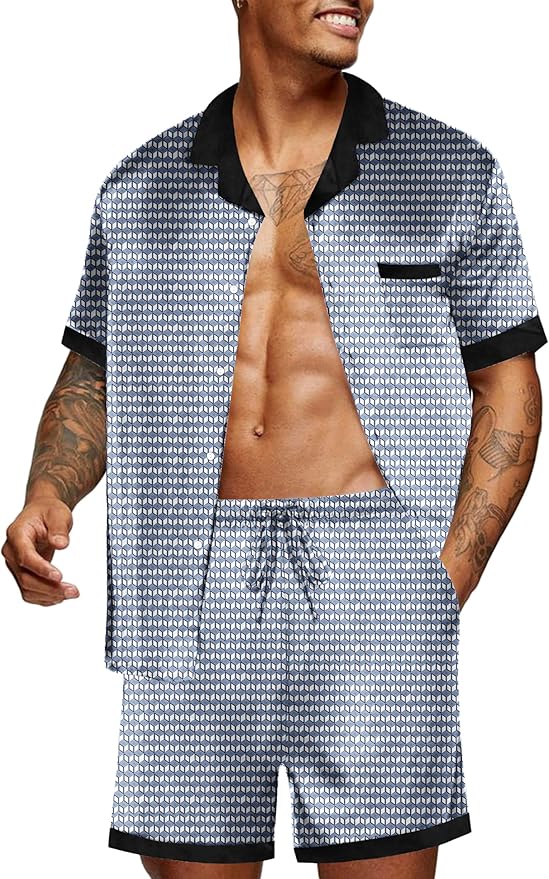 Ekouaer Men Satin Silk Pajamas Set with Pockets Sleepwear Shorts Satin Summer Loungewear 2 Piece Button Down Set S-3XL