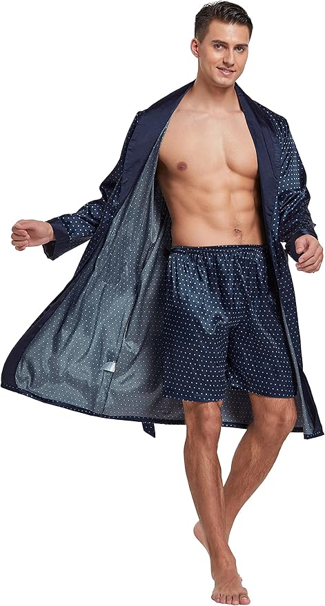 Tony & Candice Men's Satin Robe Lightweight Long Sleeve Silk Kimono Bathrobe with Shorts Set Sleepwear