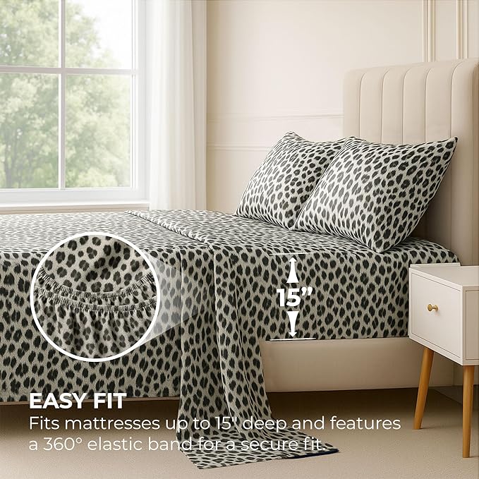 Satin Sheets Full [4-Piece, Silver Leopard] Hotel Luxury Silky Bed Sheets - Extra Soft 1800 Microfiber Sheet Set, Wrinkle, Fade, Stain Resistant - Deep Pocket Fitted Sheet, Flat Sheet, Pillow Cases
