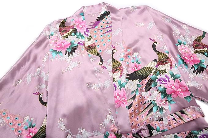 Women's Short Kimono Robes Bride and Bridesmaid Satin Floral Bathrobe Peacock Sleepwear Dressing Gown for Wedding Party