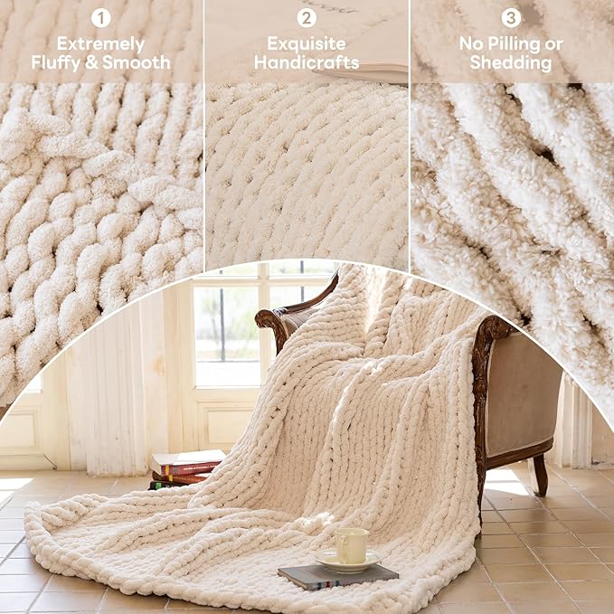 Chunky Knit Blanket - Luxury Soft Cozy 40 * 50 Throw Blanket,100% Woven Blanket Rope Knot Throw Blanket for Couch, Sofa, Home Decor, Gift - Machine Washable (Cream, 40 * 50)