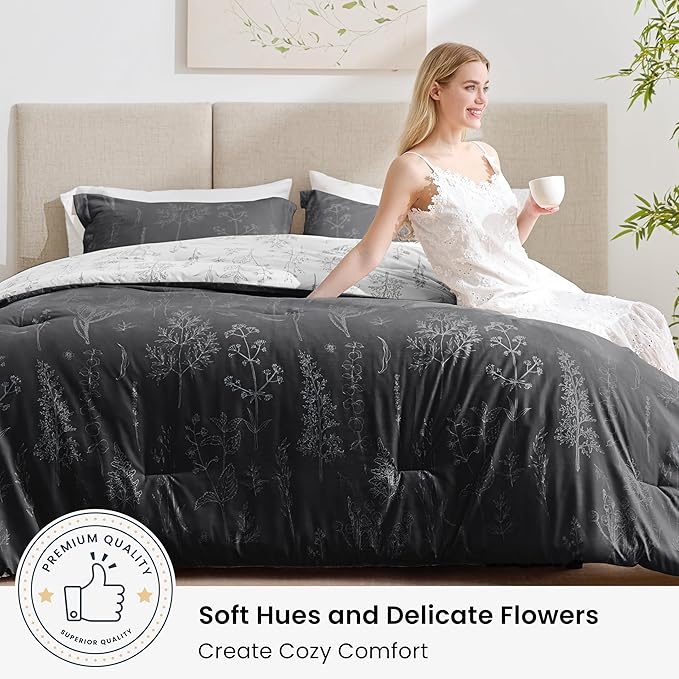 Love's cabin Black Full Size Comforter Set - Full Comforter Set, 3 Pieces Cute Floral Bedding Sets for All Seasons,1 Soft Reversible Botanical Flowers Comforter and 2 Pillow Shams
